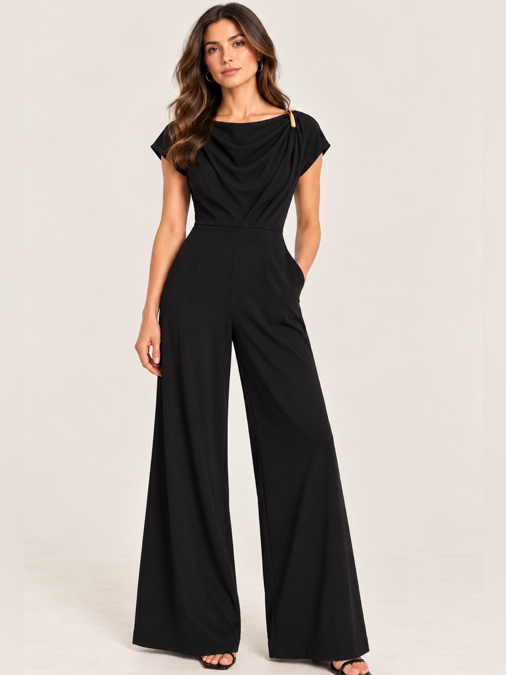 Donna Karan New York Black Wide Leg Jumpsuit Sz 8 Draped Gold Hardware